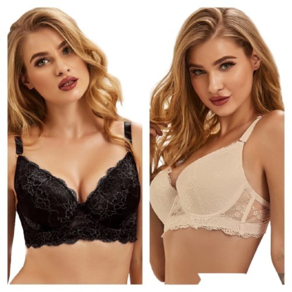 (2) 40C Lace T-shirt Bras Black & Beige Push-Up Convertible Padded Underwired